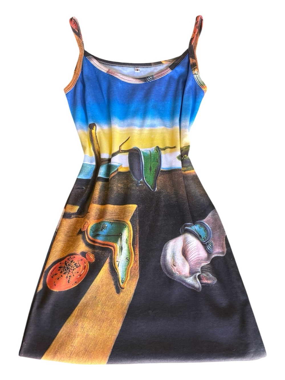 Surreal Print Spaghetti Strap Dress in Blue, Yellow & Black
